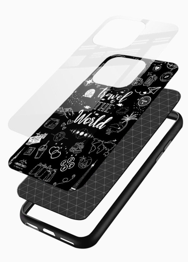 Chalkboard Travel Icons doodle artwork glossy vibrant premium glass back cover - Angle Layers