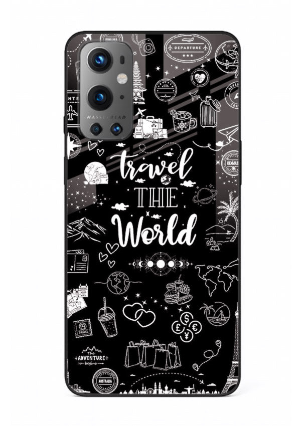 Chalkboard Travel Icons doodle artwork OnePlus 9 glass back cover