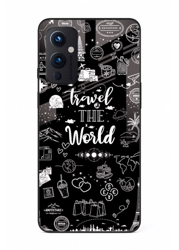 Chalkboard Travel Icons doodle artwork OnePlus 9 Pro glass back cover