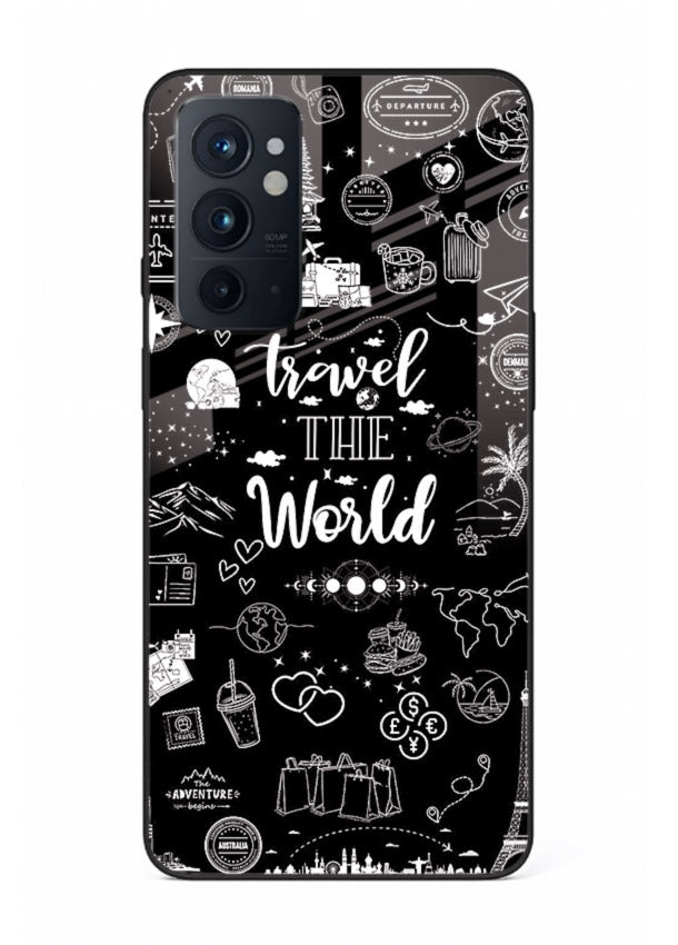 Chalkboard Travel Icons doodle artwork OnePlus 9RT glass back cover