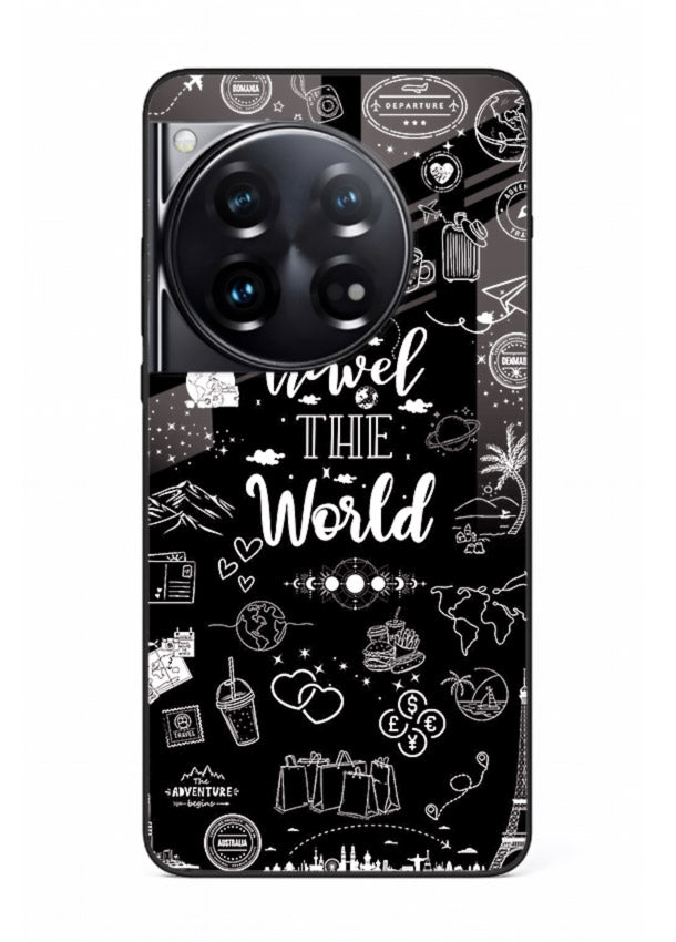 Chalkboard Travel Icons doodle artwork OnePlus 12 glass back cover