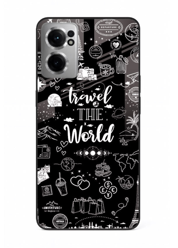 Chalkboard Travel Icons doodle artwork OnePlus Nord CE2 5G glass back cover