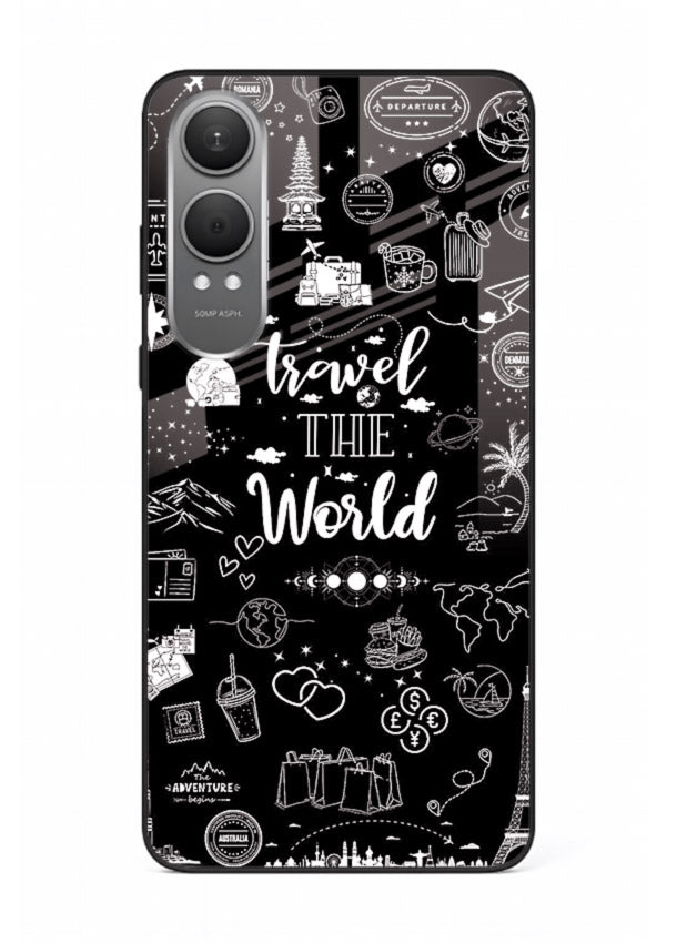 Chalkboard Travel Icons doodle artwork OnePlus Nord CE4 Lite glass back cover