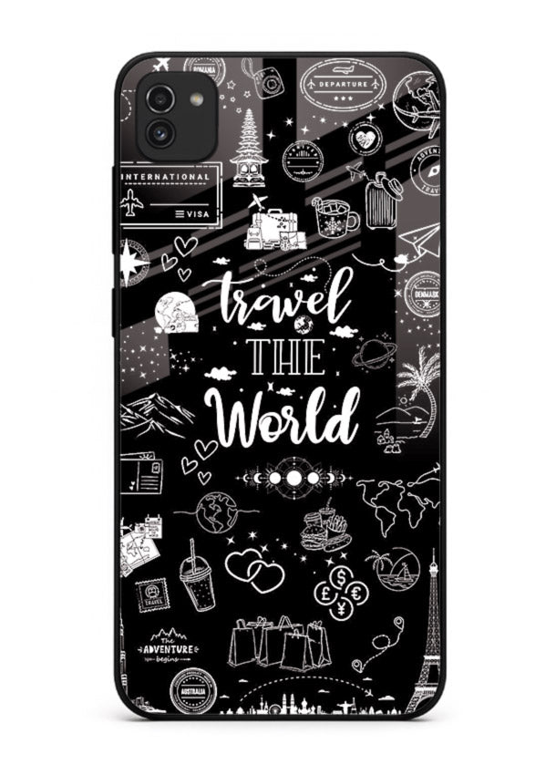 Chalkboard Travel Icons doodle artwork Samsung A03 glass back cover