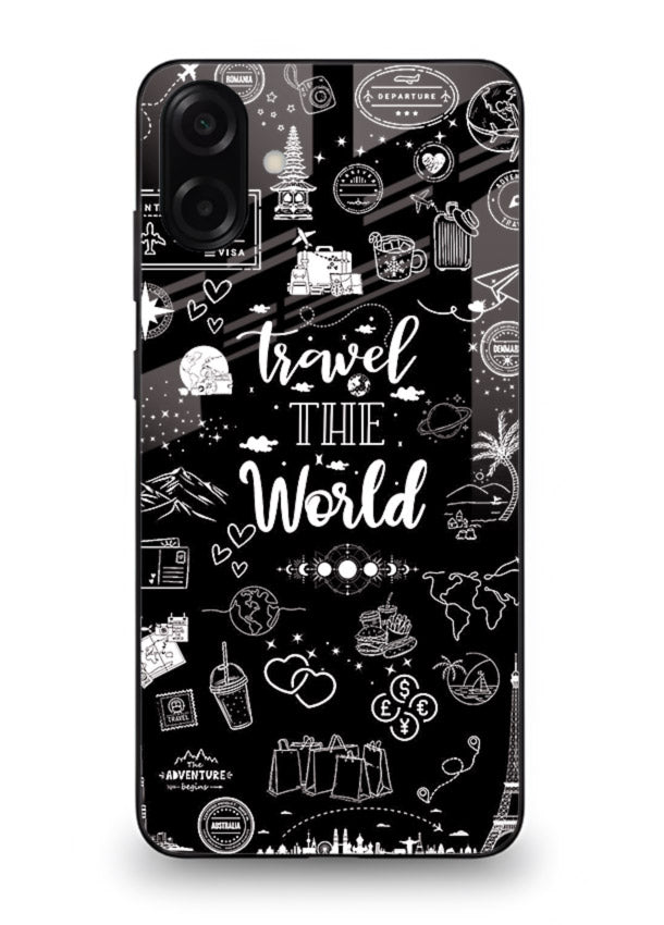 Chalkboard Travel Icons doodle artwork Samsung A07 4G glass back cover