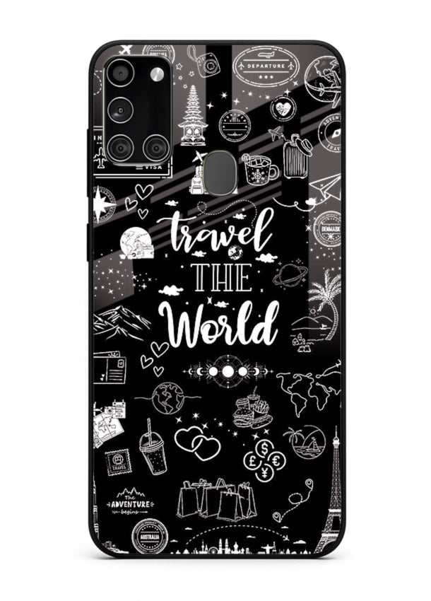 Chalkboard Travel Icons doodle artwork Samsung A21s glass back cover