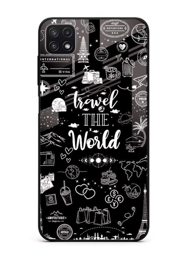Chalkboard Travel Icons doodle artwork Samsung A22 5G glass back cover