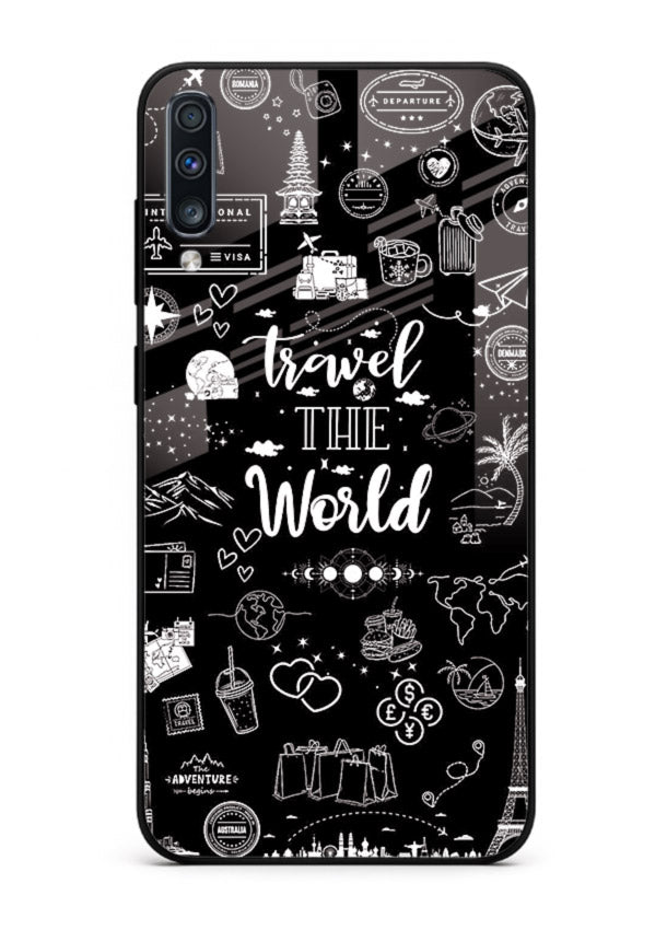 Chalkboard Travel Icons doodle artwork Samsung A70 glass back cover