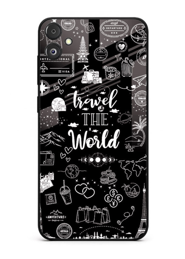 Chalkboard Travel Icons doodle artwork Samsung F04 5G glass back cover