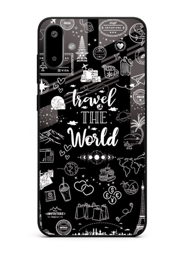 Chalkboard Travel Icons doodle artwork Samsung F06 5G glass back cover