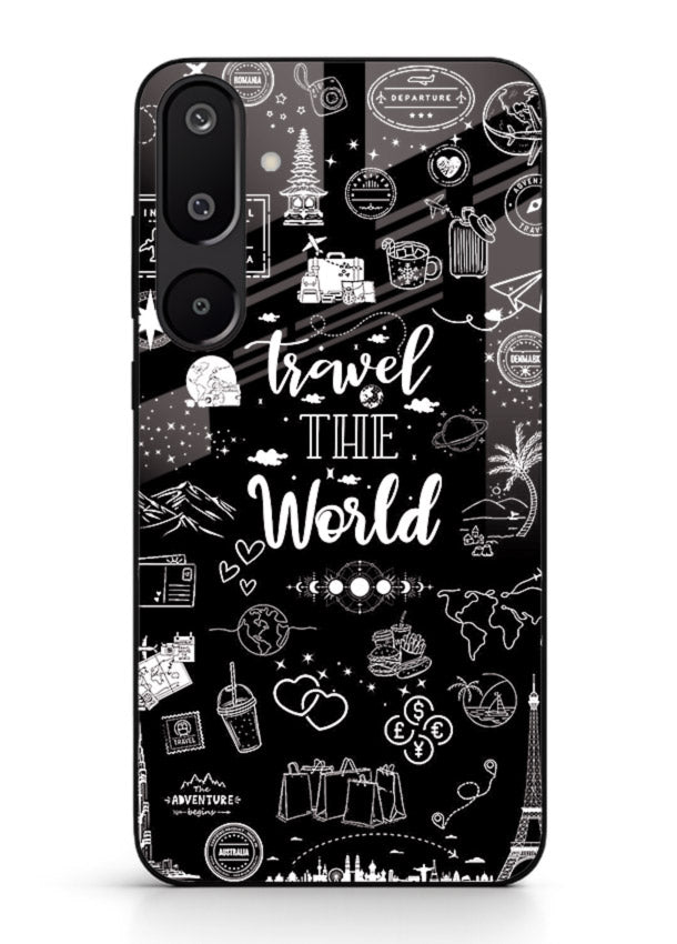 Chalkboard Travel Icons doodle artwork Samsung F16 5G glass back cover