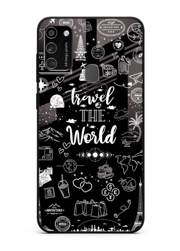 Chalkboard Travel Icons doodle artwork Samsung M30s glass back cover