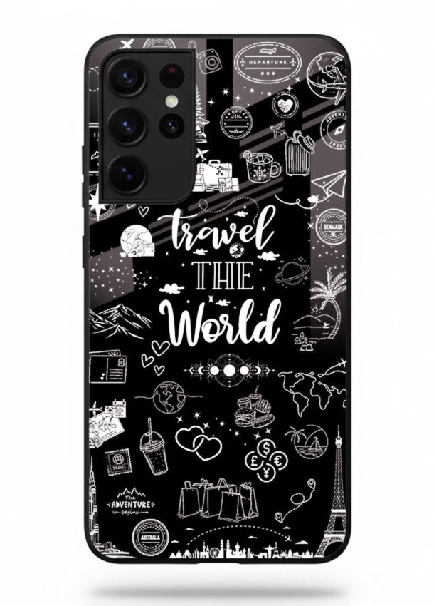 Chalkboard Travel Icons doodle artwork Samsung S21 Ultra glass back cover