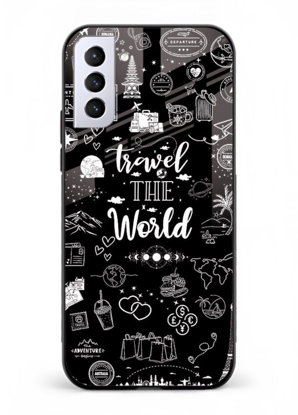 Chalkboard Travel Icons doodle artwork Samsung S21 Plus glass back cover