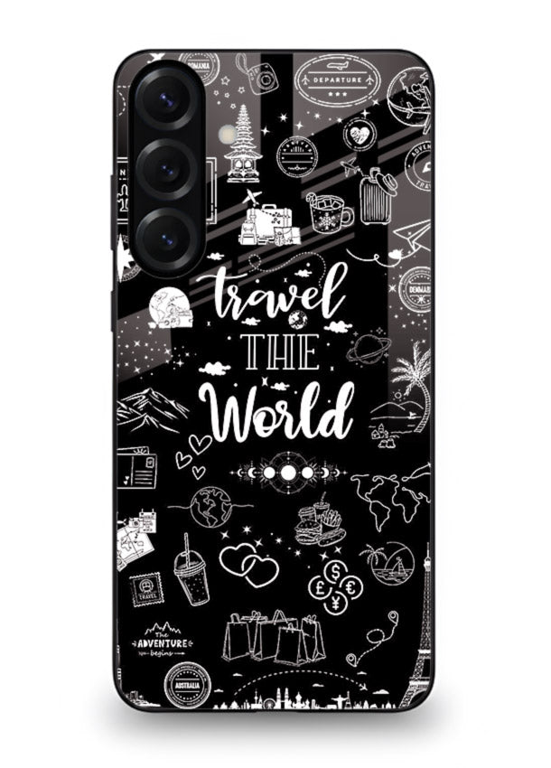 Chalkboard Travel Icons doodle artwork Samsung S23 FE glass back cover