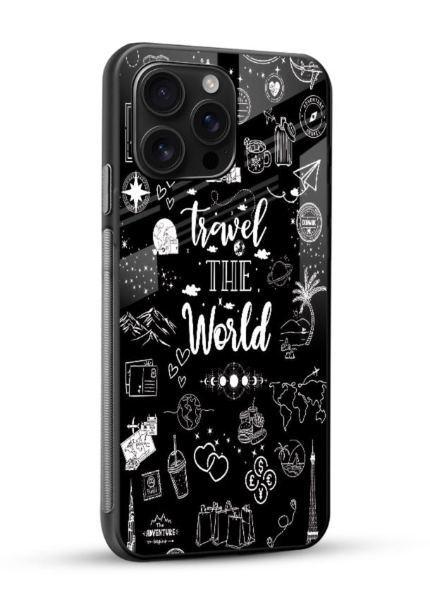 Chalkboard Travel Icons doodle artwork glossy vibrant premium glass back cover - Angle Side