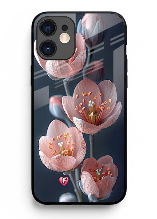 Cherry blossom vertical artwork on iphone 12 mini glass back cover with soft pastel tones.