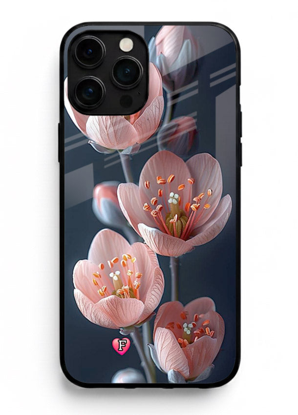 Cherry blossom vertical artwork on iphone 16 pro max glass back cover with soft pastel tones.