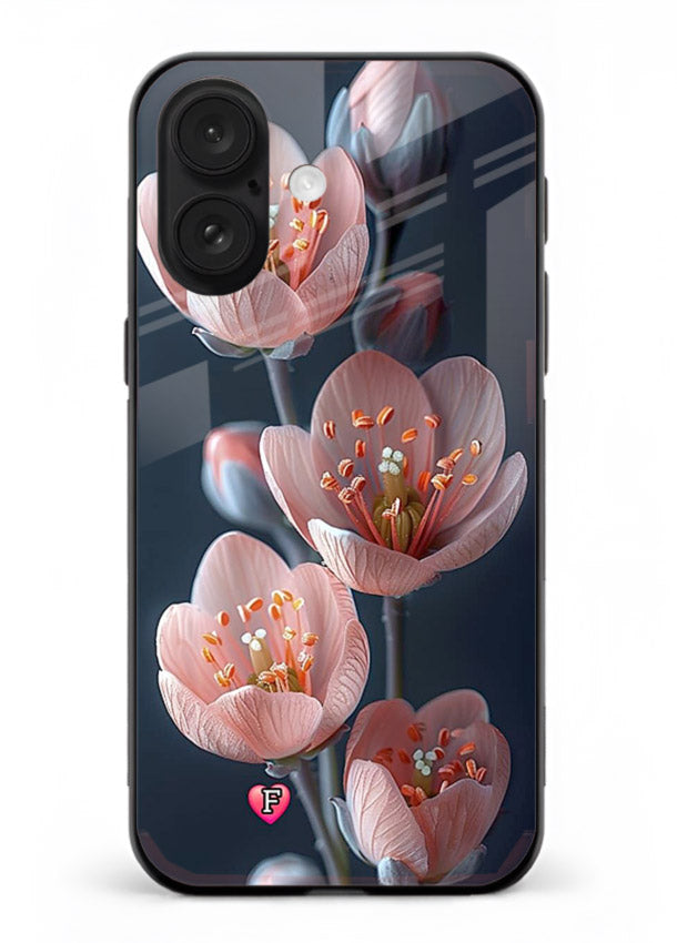 Cherry blossom vertical artwork on iphone 18 glass back cover with soft pastel tones.