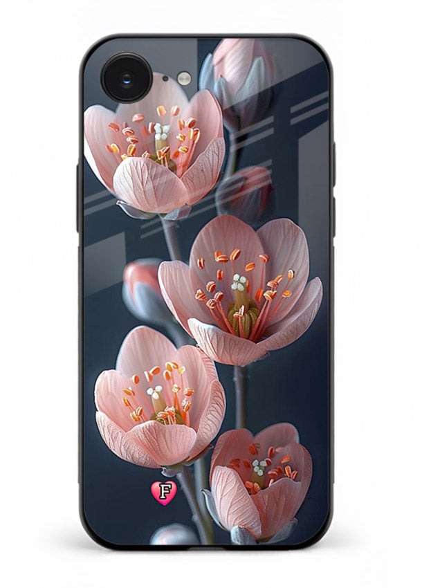 Cherry blossom vertical artwork on iphone 16e glass back cover with soft pastel tones.