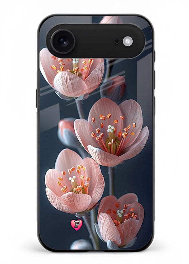 Cherry blossom vertical artwork on iphone 18 air glass back cover with soft pastel tones.