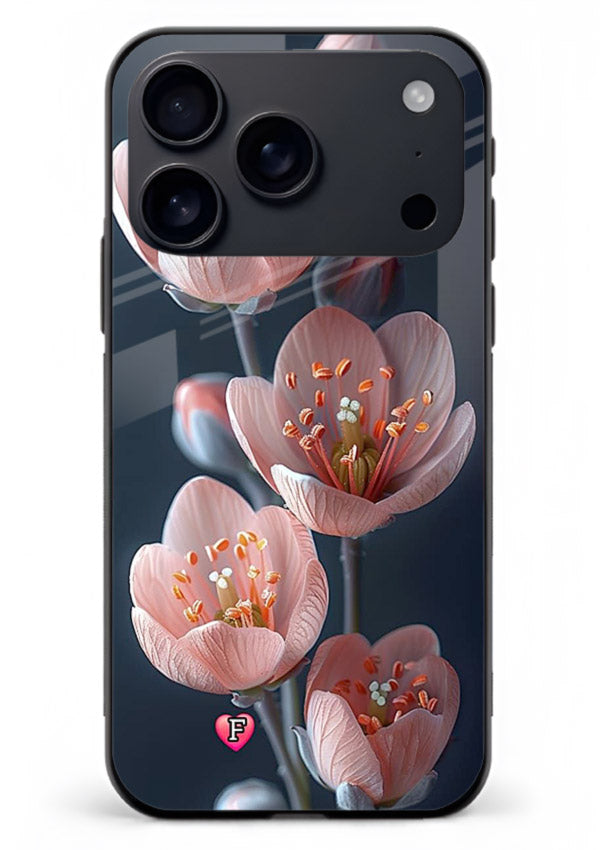 Cherry blossom vertical artwork on iphone 17 pro max glass back cover with soft pastel tones.