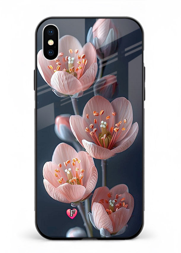 Cherry blossom vertical artwork on iphone xs max glass back cover with soft pastel tones.