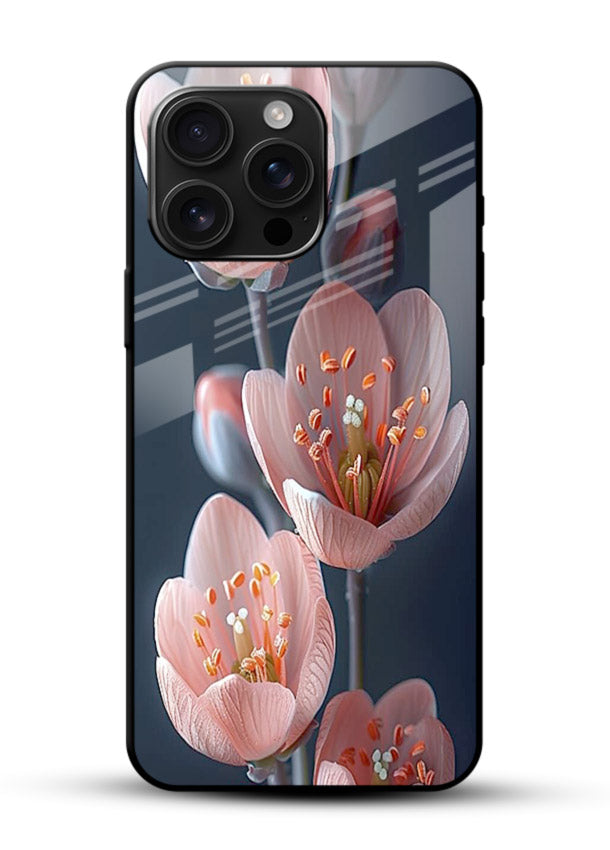 Cherry blossom vertical artwork on glossy vibrant premium glass back cover with soft pastel tones. - Angle Front