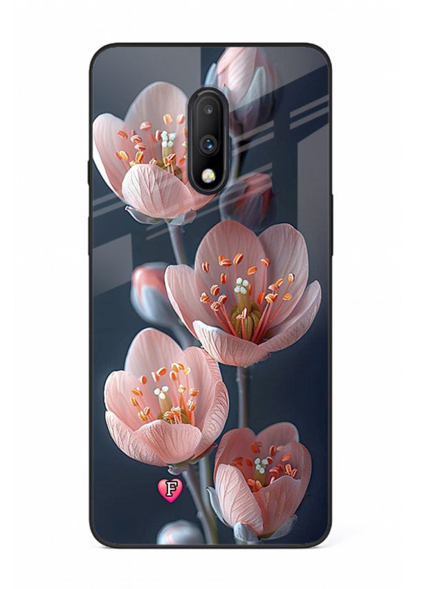 Cherry blossom vertical artwork on OnePlus 7 glass back cover with soft pastel tones.