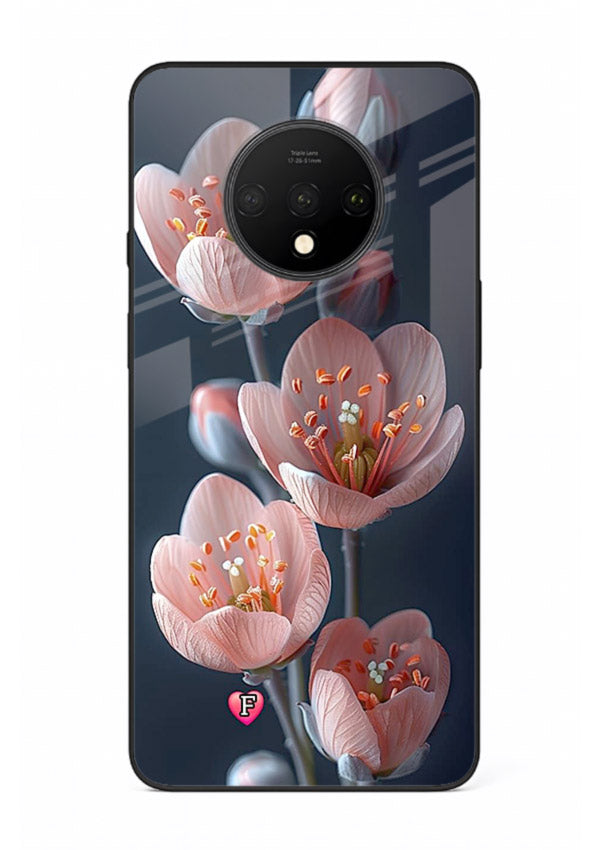 Cherry blossom vertical artwork on OnePlus 7T glass back cover with soft pastel tones.