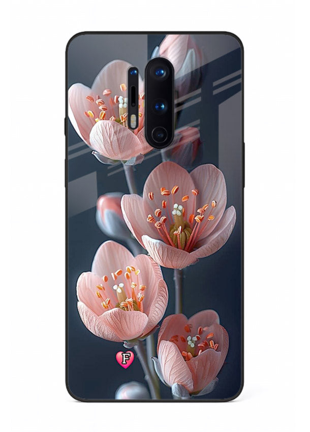Cherry blossom vertical artwork on OnePlus 8 Pro glass back cover with soft pastel tones.