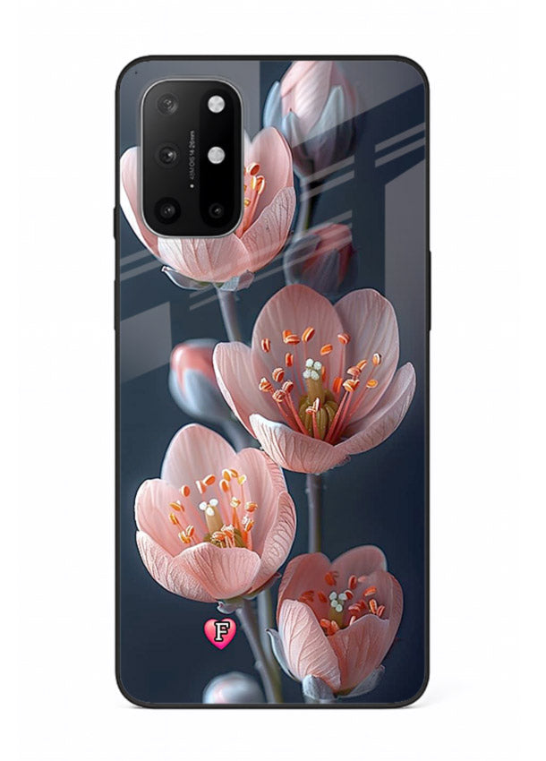 Cherry blossom vertical artwork on OnePlus 8T glass back cover with soft pastel tones.