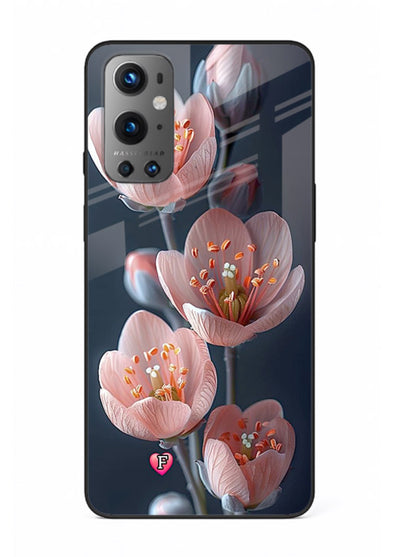Cherry blossom vertical artwork on OnePlus 9 glass back cover with soft pastel tones.