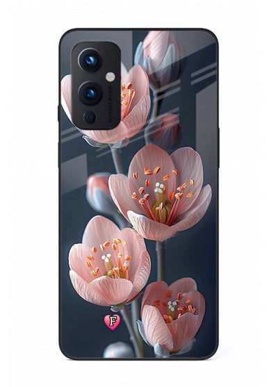 Cherry blossom vertical artwork on OnePlus 9 Pro glass back cover with soft pastel tones.
