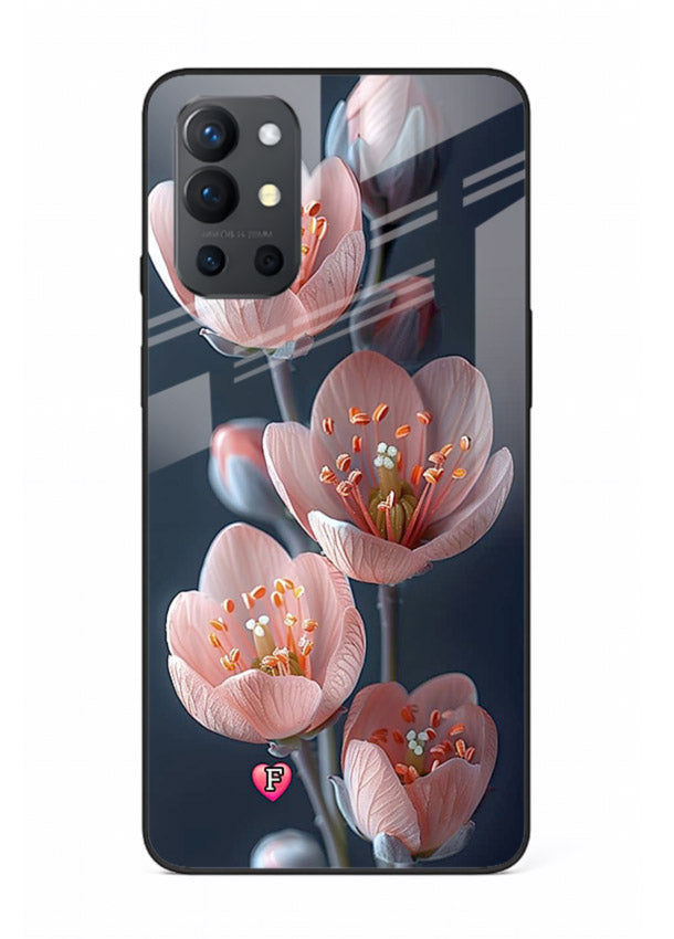 Cherry blossom vertical artwork on OnePlus 9R glass back cover with soft pastel tones.