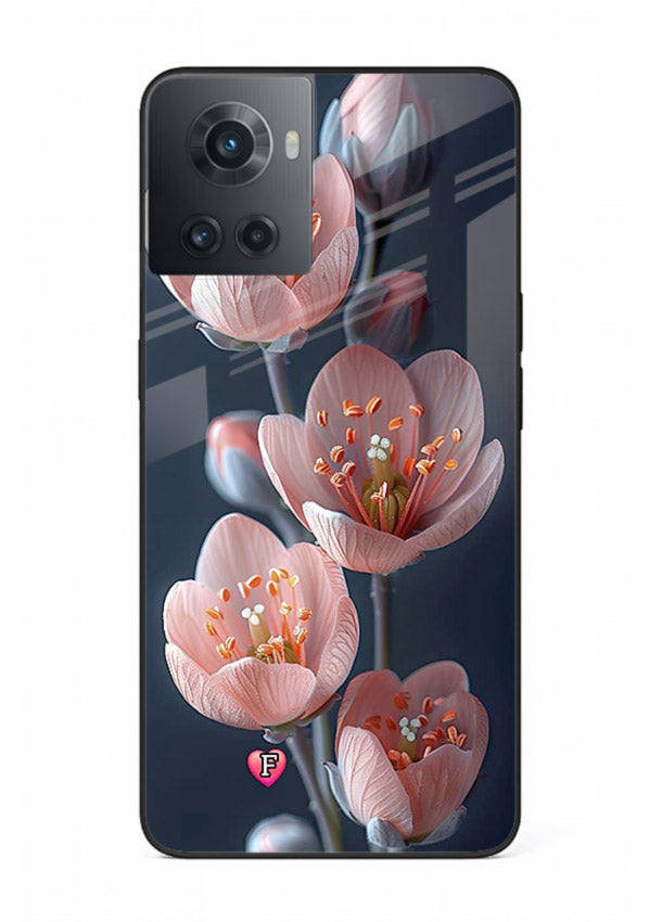 Cherry blossom vertical artwork on OnePlus 10R glass back cover with soft pastel tones.