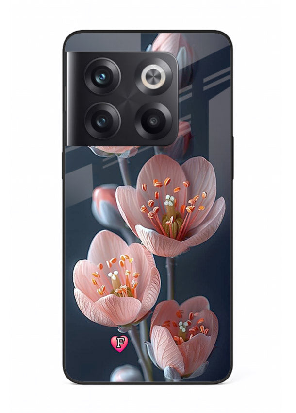 Cherry blossom vertical artwork on OnePlus 10T glass back cover with soft pastel tones.