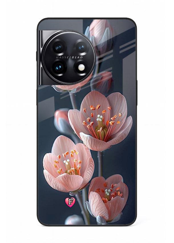 Cherry blossom vertical artwork on OnePlus 11R glass back cover with soft pastel tones.