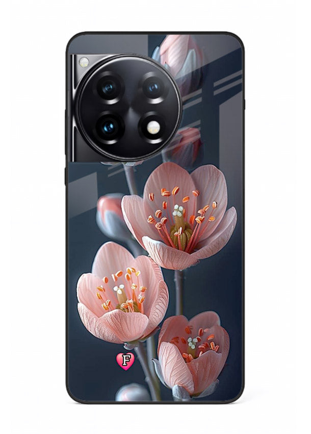 Cherry blossom vertical artwork on OnePlus 12R glass back cover with soft pastel tones.