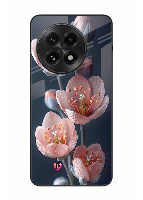 Cherry blossom vertical artwork on OnePlus 13 glass back cover with soft pastel tones.