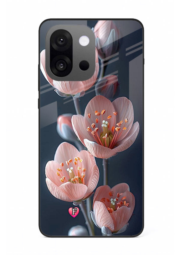 Cherry blossom vertical artwork on OnePlus 13s glass back cover with soft pastel tones.