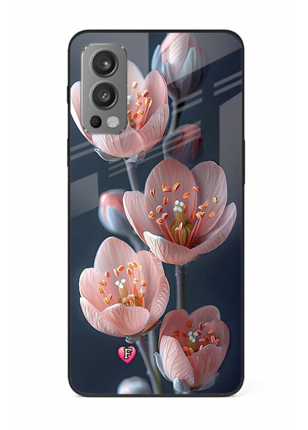 Cherry blossom vertical artwork on OnePlus Nord 2 glass back cover with soft pastel tones.