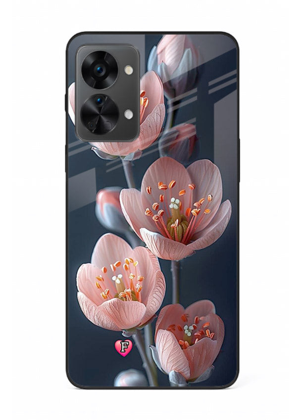 Cherry blossom vertical artwork on OnePlus Nord 2T glass back cover with soft pastel tones.