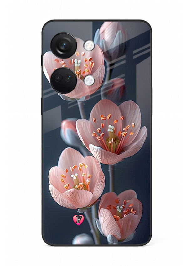 Cherry blossom vertical artwork on OnePlus Nord 3 glass back cover with soft pastel tones.