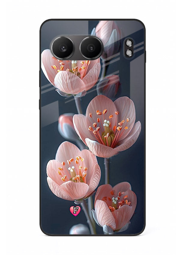 Cherry blossom vertical artwork on OnePlus Nord 4 glass back cover with soft pastel tones.