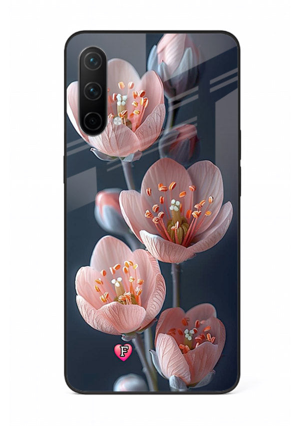 Cherry blossom vertical artwork on OnePlus Nord CE 5G glass back cover with soft pastel tones.
