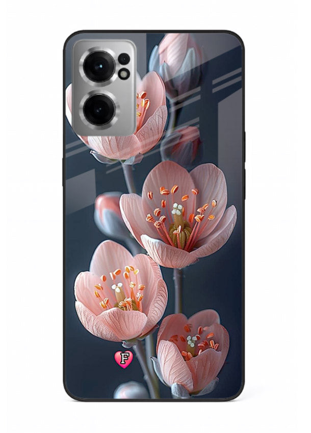 Cherry blossom vertical artwork on OnePlus Nord CE2 5G glass back cover with soft pastel tones.