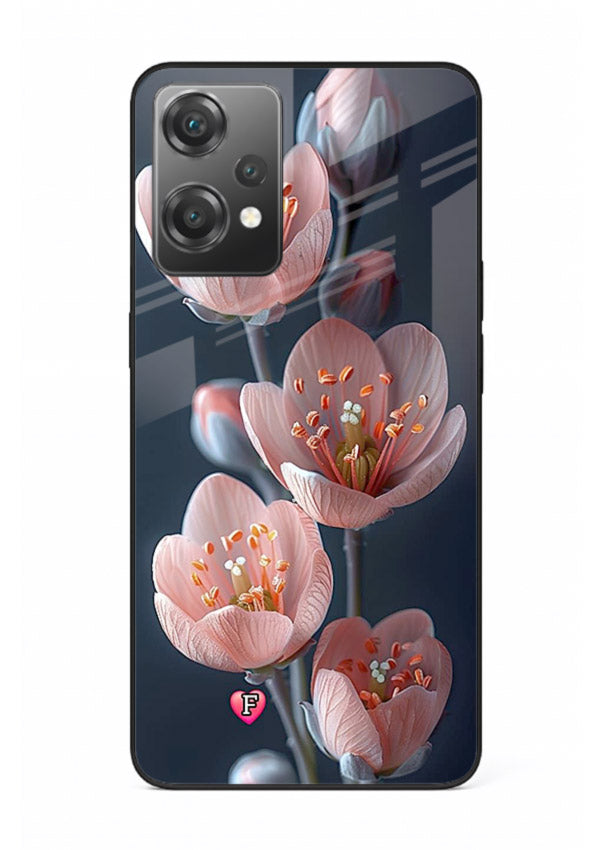 Cherry blossom vertical artwork on OnePlus Nord CE2 Lite 5G glass back cover with soft pastel tones.