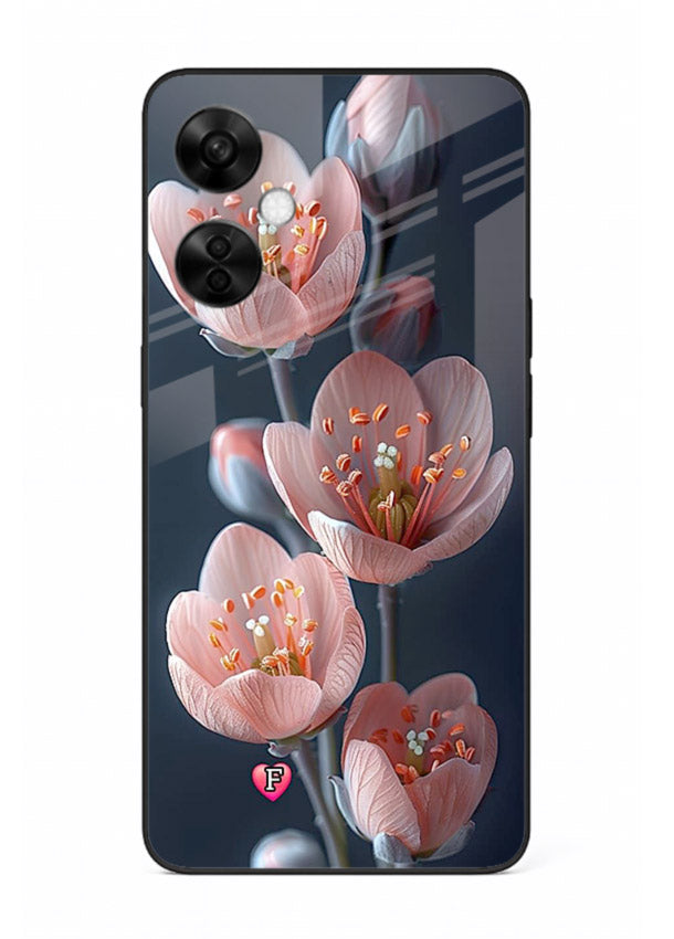 Cherry blossom vertical artwork on OnePlus Nord CE3 Lite glass back cover with soft pastel tones.