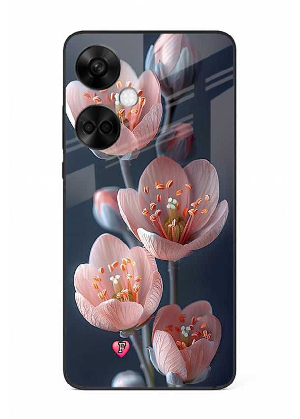 Cherry blossom vertical artwork on OnePlus Nord CE3 glass back cover with soft pastel tones.